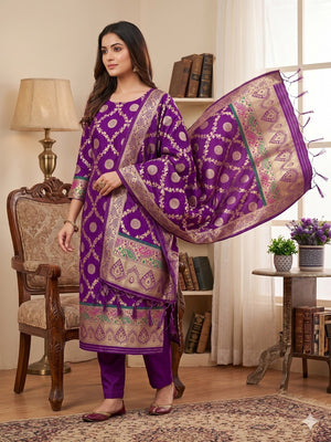 Purple Zari Woven Banarasi Silk Dress Material With Elegant Floral Motifs - Image 1