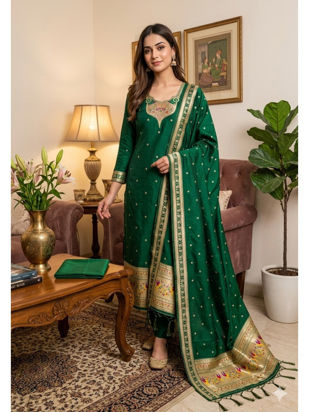 Elegant Bottle Green Banarasi Silk Unstitched Dress Material with Dupatta - Image 2