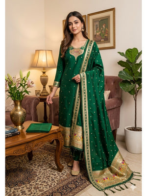 Elegant Bottle Green Banarasi Silk Unstitched Dress Material with Dupatta - Image 2