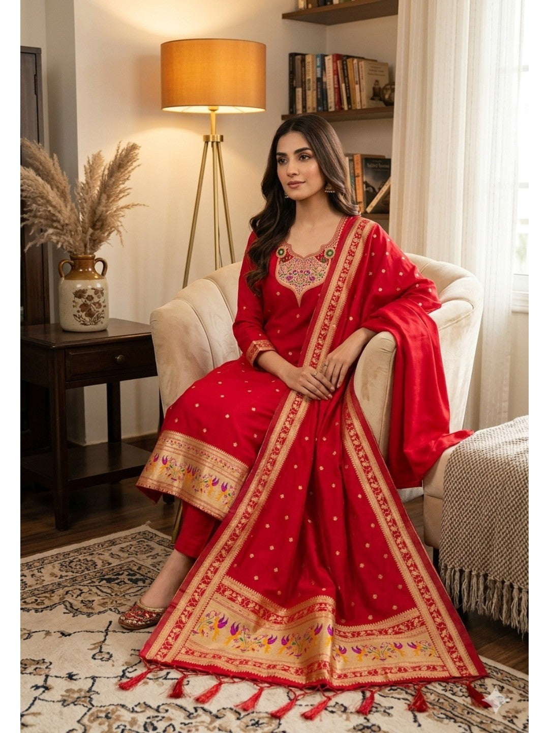 Elegant Red Banarasi Silk Unstitched Dress Material with Dupatta - Image 2