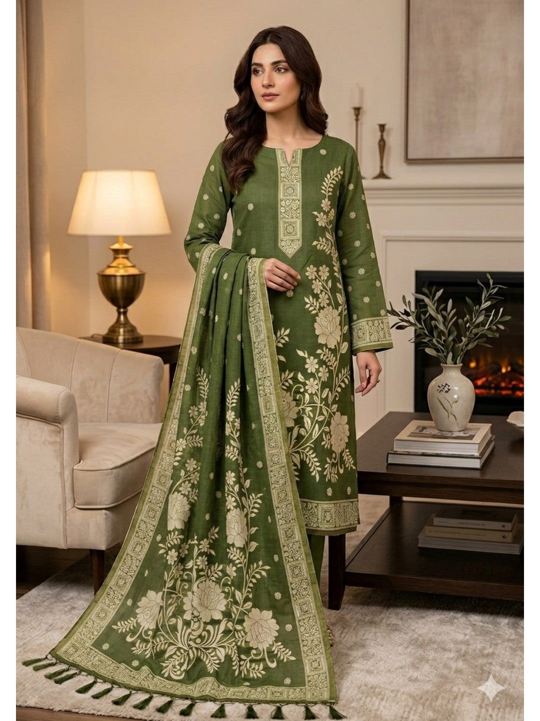 Green Cotton Blend Dress Material with Floral Patterns and Jamdani Woven Detailing - Image 1