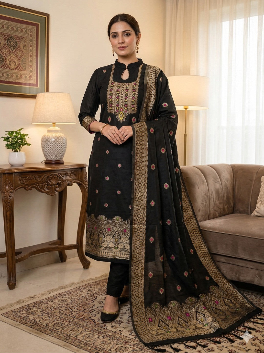 Black Floral Woven Chanderi Dress Material - Image 1