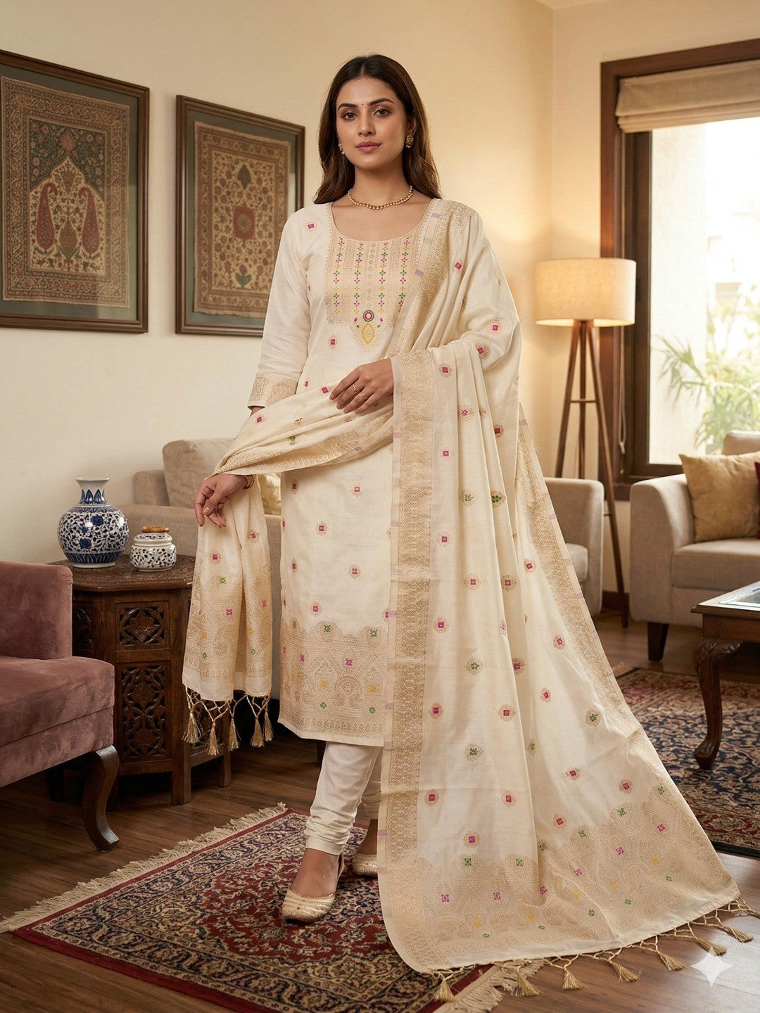 Off White Floral Woven Chanderi Dress Material - Image 1