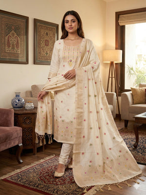 Off White Floral Woven Chanderi Dress Material - Image 1