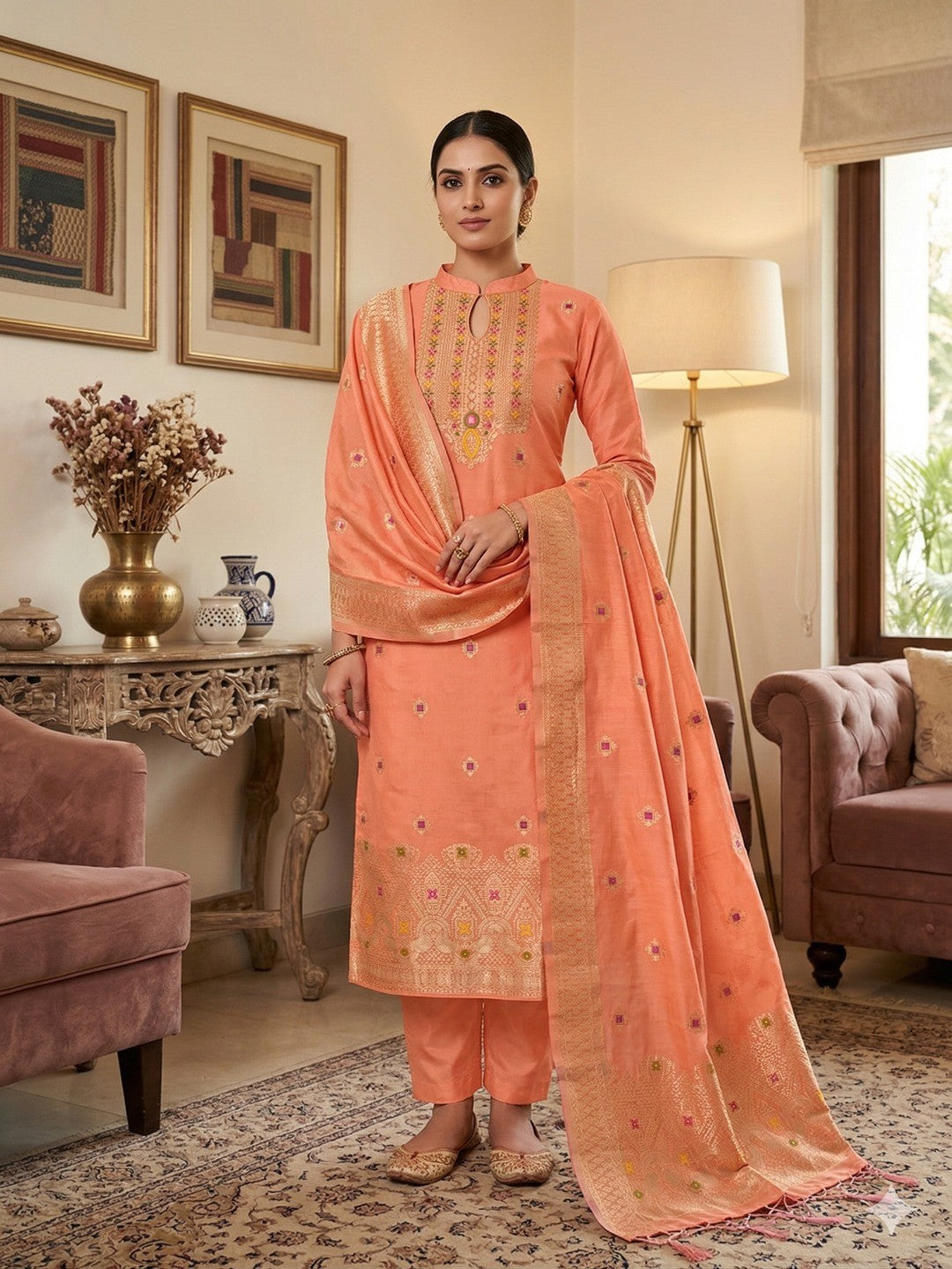 Peach Floral Woven Chanderi Dress Material - Image 1