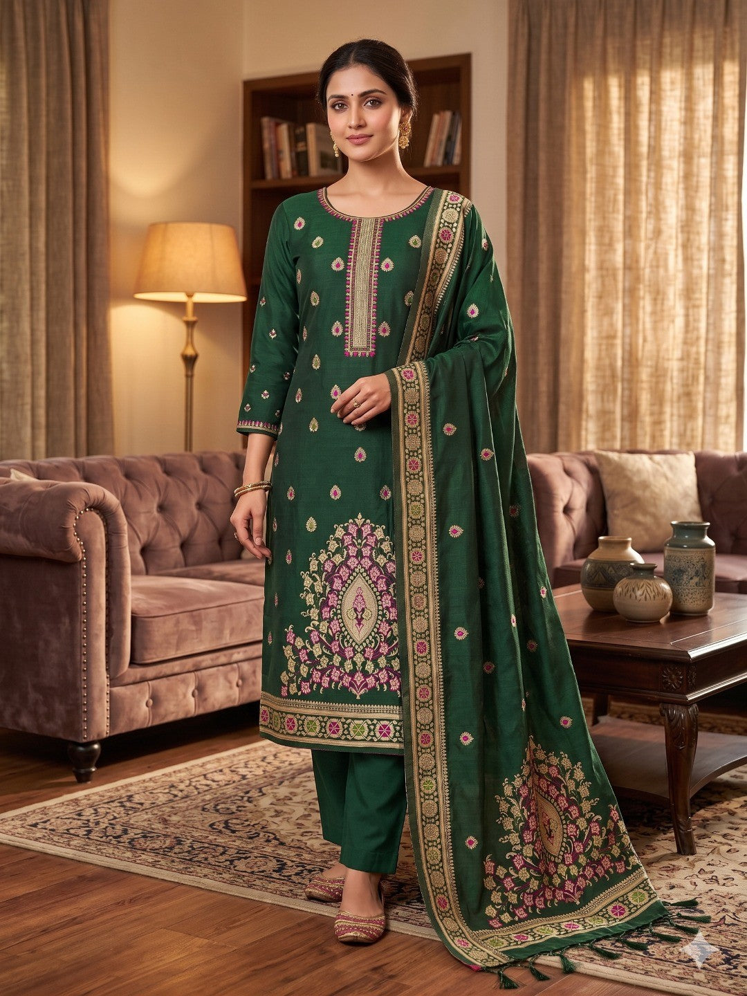 Bottle Green Floral Woven Chanderi Dress Material - Image 1