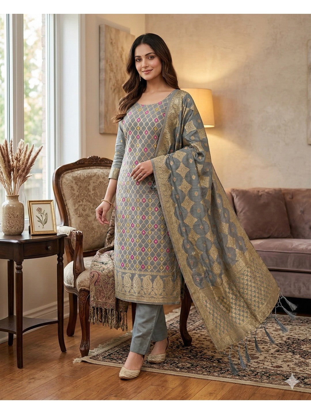 Grey Woven Chanderi Dress Material - Image 1
