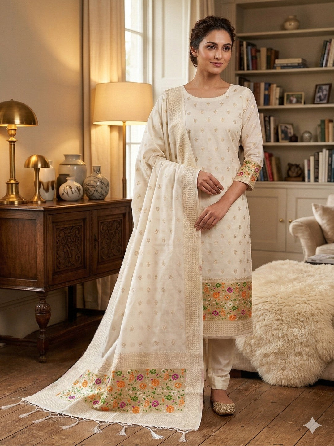 Offwhite Floral Zari Woven Banarasi Silk Dress Material - Image 1