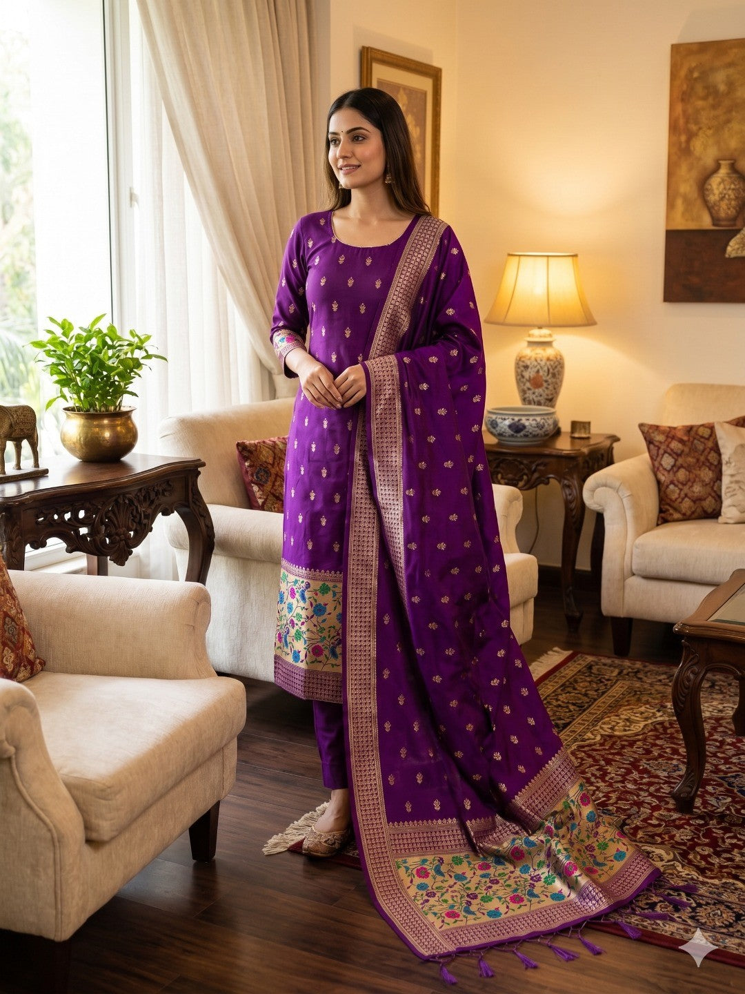Purple Floral Zari Woven Banarasi Silk Dress Material - Image 1
