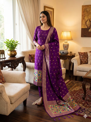 Purple Floral Zari Woven Banarasi Silk Dress Material - Image 1