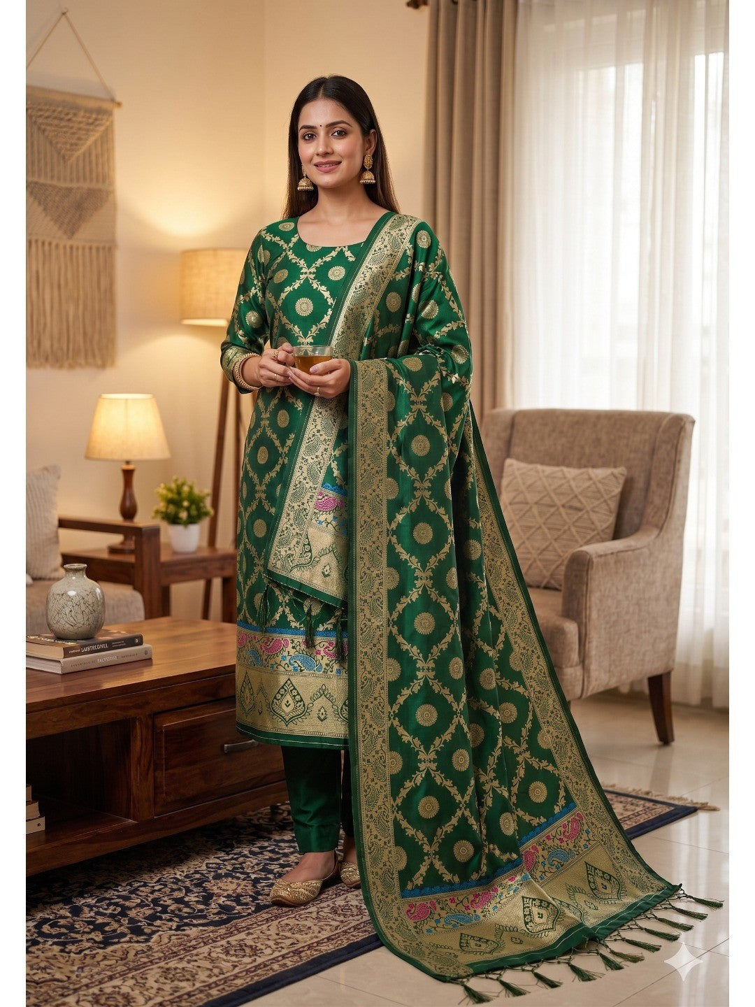 Bottle Green Zari Woven Banarasi Silk Dress Material With Elegant Floral Motifs - Image 1