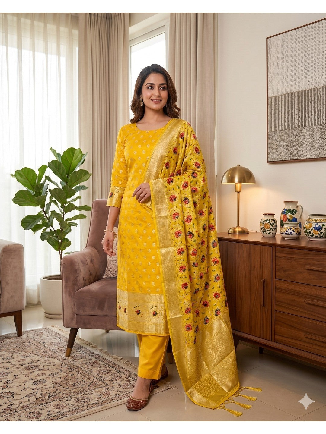 Yellow Floral Woven Banarasi Silk Dress Material - Image 1