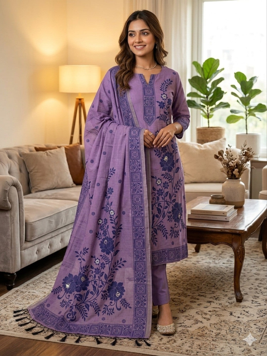 Purple Cotton Blend Dress Material with Floral Patterns and Jamdani Woven Detailing - Image 2