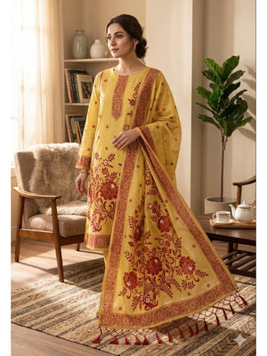 Yellow Cotton Blend Dress Material with Floral Patterns and Jamdani Woven Detailing - Image 1