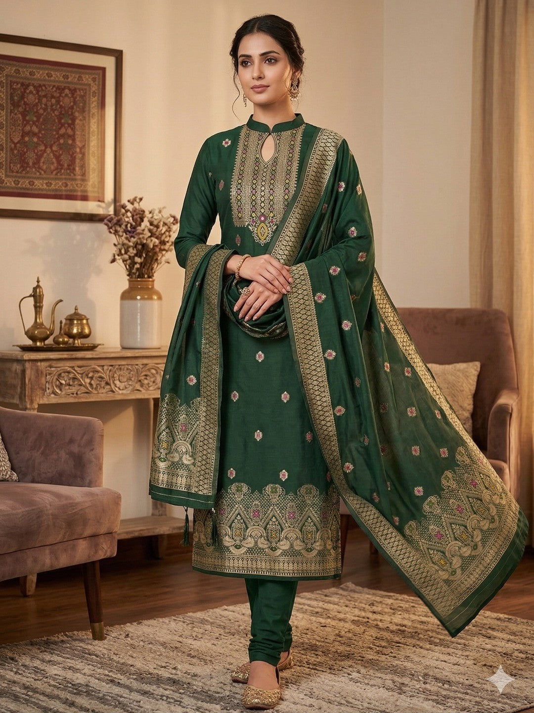 Green Floral Woven Chanderi Dress Material - Image 1