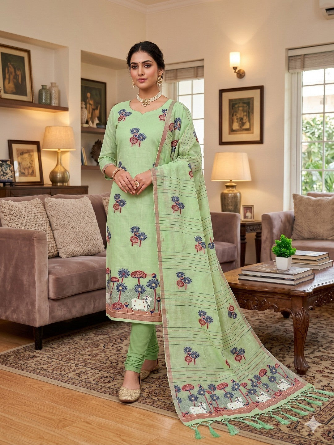 Pista Green Cotton Blend Dress Material With Intricate Floral Zari Weaving Detail - Image 1