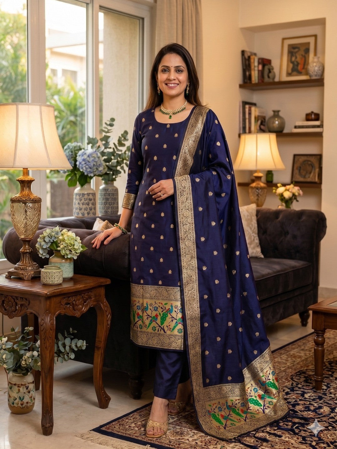 Navy Blue Floral Zari Woven Banarasi Silk Dress Material - Image 1