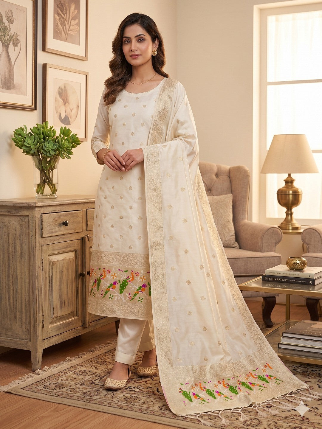 White Floral Zari Woven Banarasi Silk Dress Material - Image 1