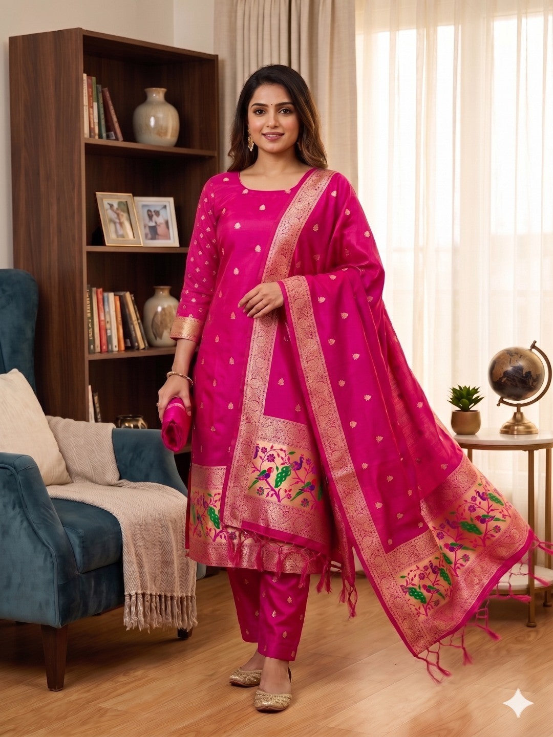 Rani Pink Floral Zari Woven Banarasi Silk Dress Material - Image 1