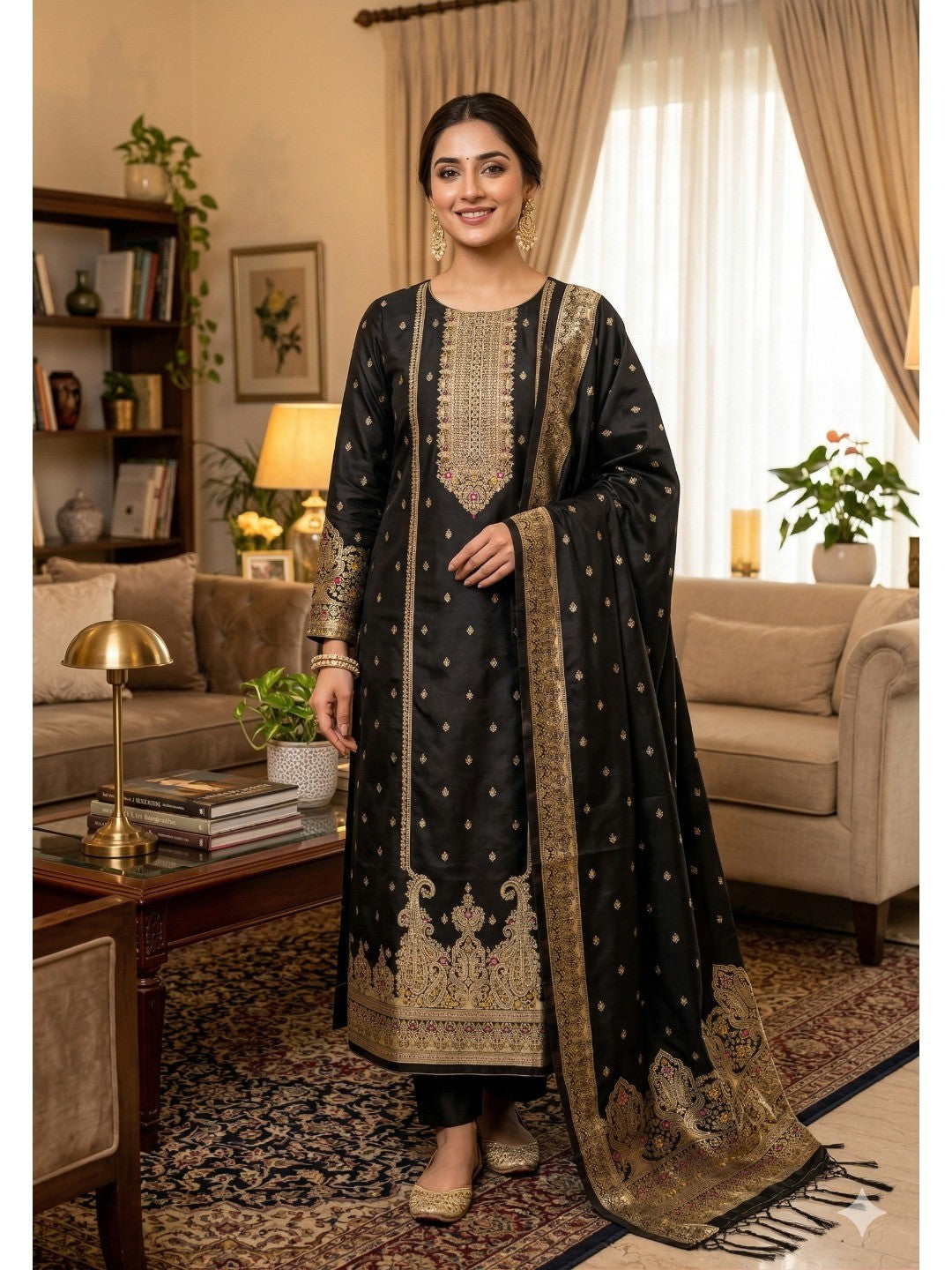 Premium Black Banarasi Silk Dress Material With Opulent Floral & Paisley Motif Zari Weaving - Image 2