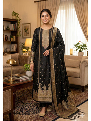 Premium Black Banarasi Silk Dress Material With Opulent Floral & Paisley Motif Zari Weaving - Image 2