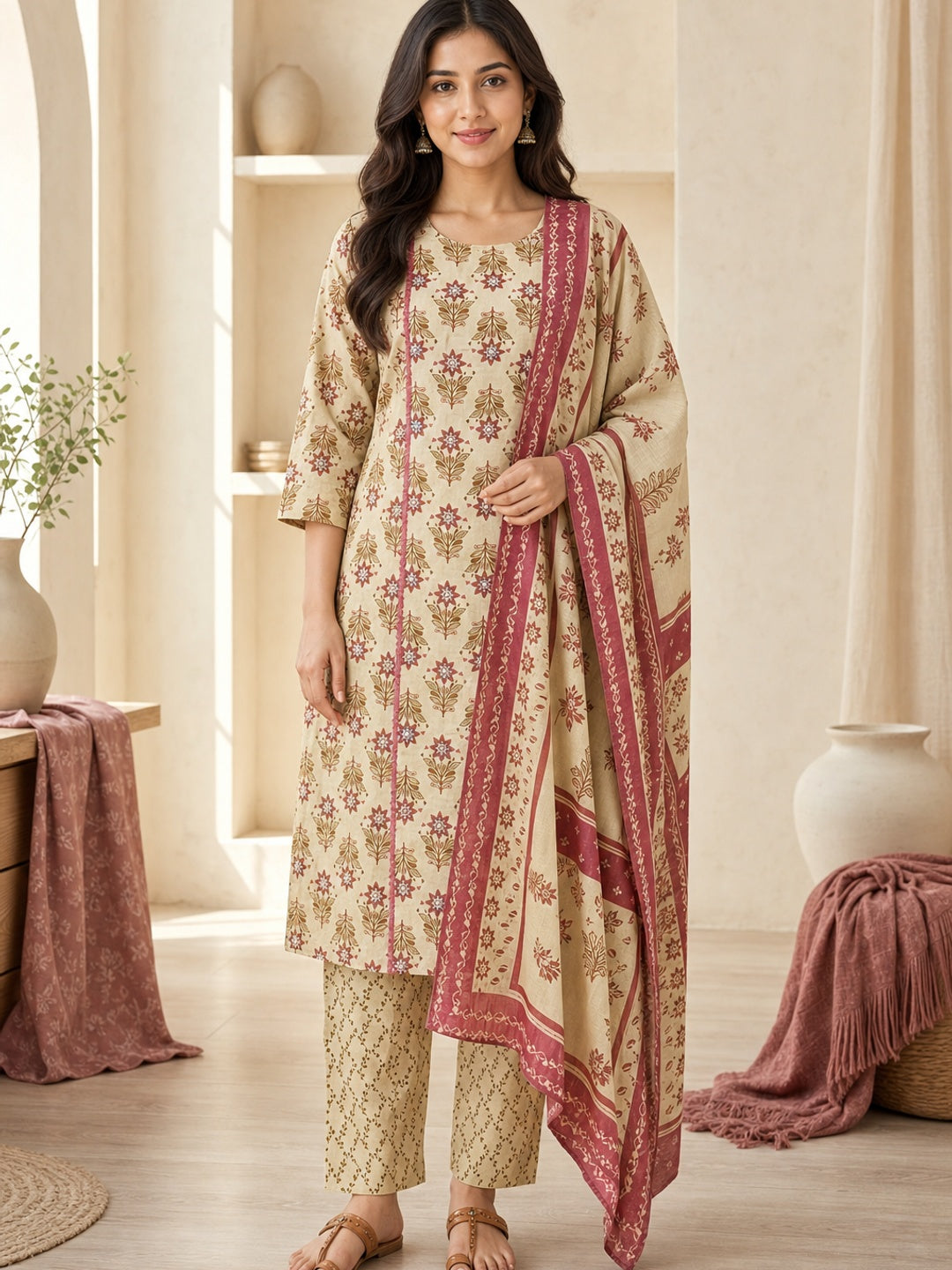 Cream Pure Cotton Printed Salwar Suit Set - Image 1