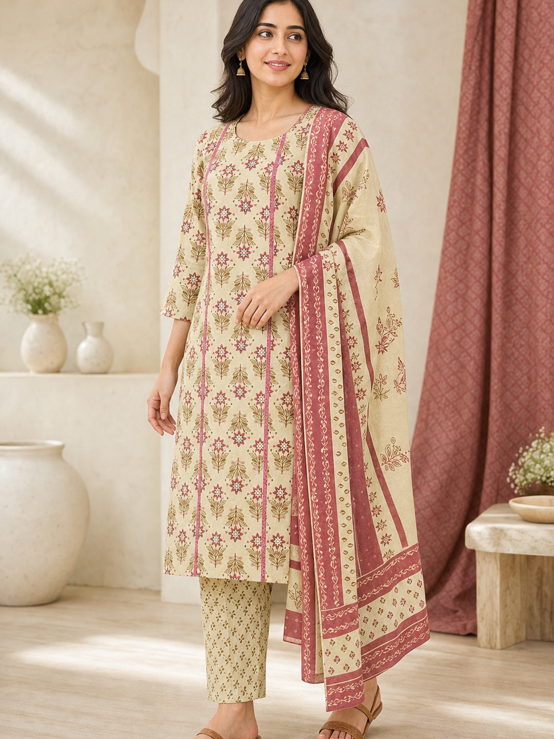 Cream Pure Cotton Printed Salwar Suit Set - Image 2