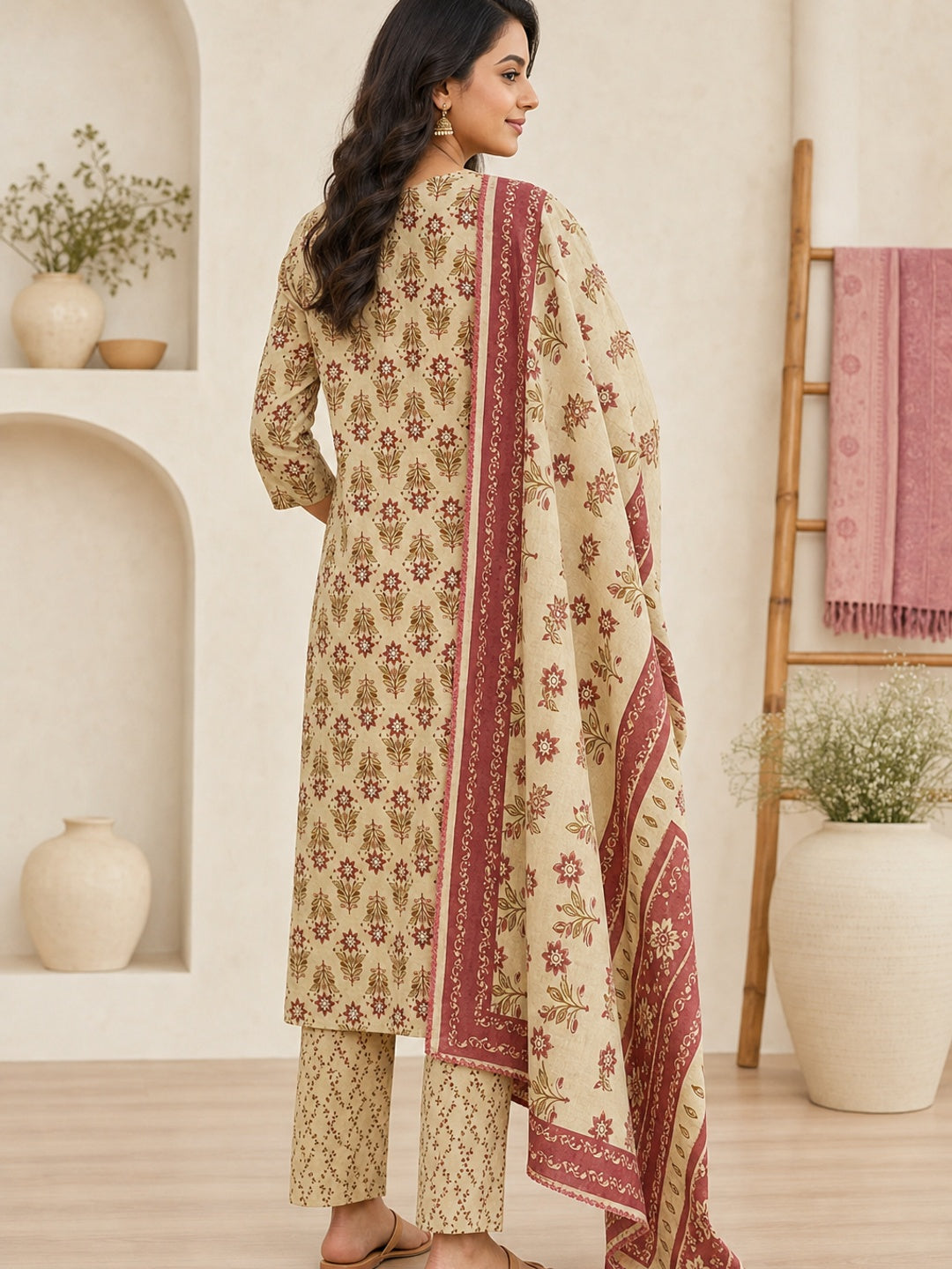 Cream Pure Cotton Printed Salwar Suit Set - Image 3