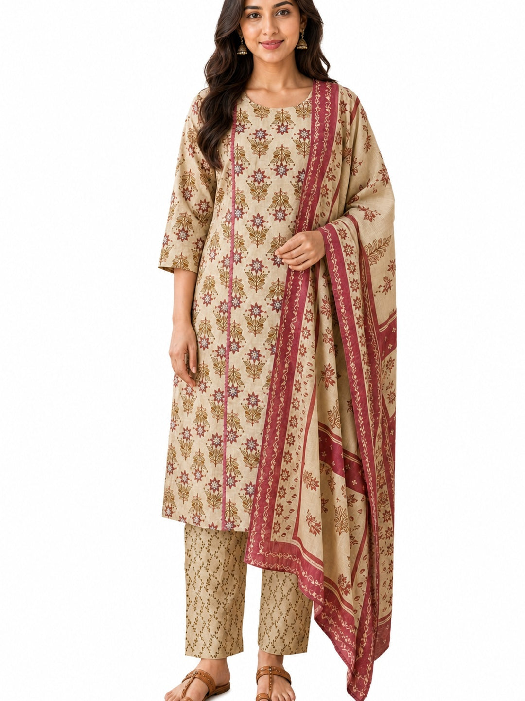 Cream Pure Cotton Printed Salwar Suit Set - Image 4
