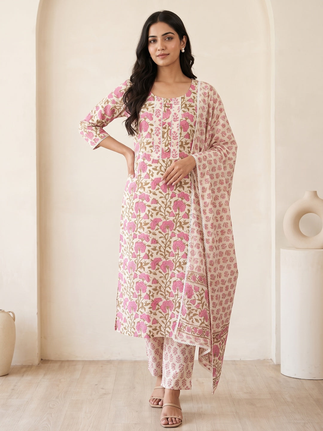 Cream Pure Cotton Floral Printed Salwar Suit Set - Image 1