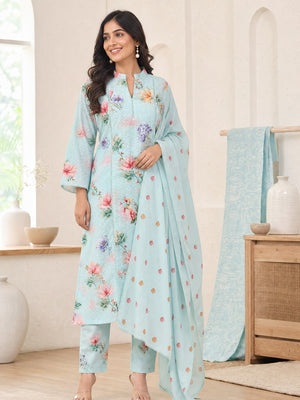 Aqua Pure Cotton Chikankari Floral Salwar Suit Set - Image 1