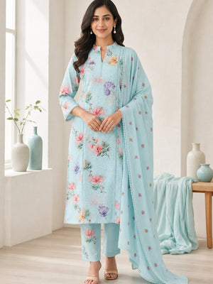 Aqua Pure Cotton Chikankari Floral Salwar Suit Set - Image 2