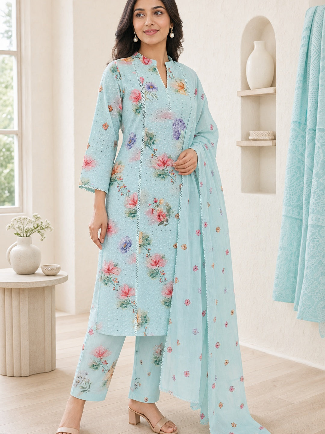 Aqua Pure Cotton Chikankari Floral Salwar Suit Set - Image 3