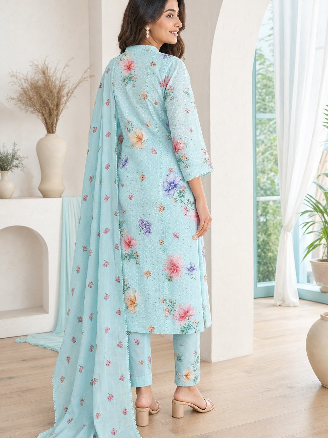 Aqua Pure Cotton Chikankari Floral Salwar Suit Set - Image 4