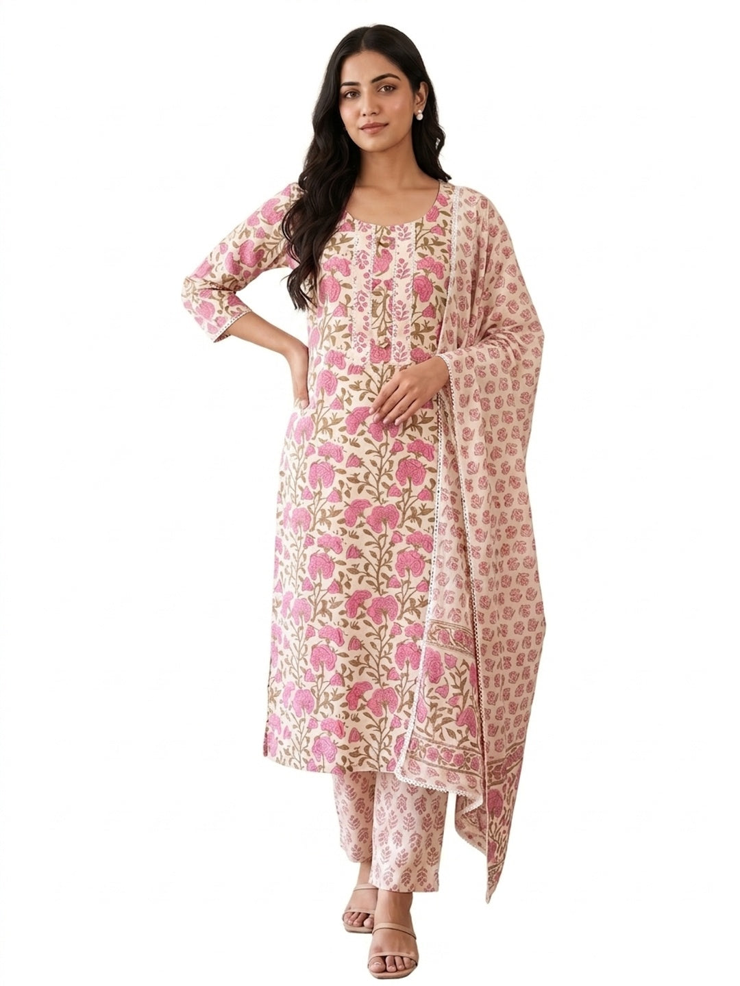 Cream Pure Cotton Floral Printed Salwar Suit Set - Image 4