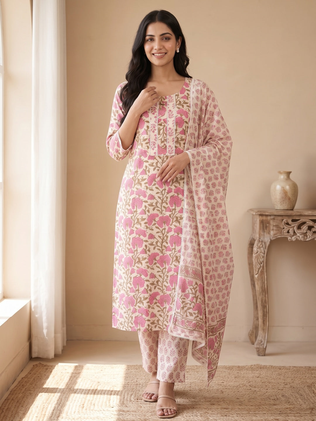 Cream Pure Cotton Floral Printed Salwar Suit Set - Image 3