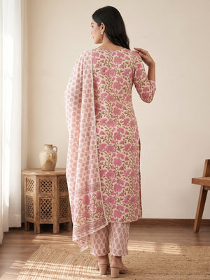 Cream Pure Cotton Floral Printed Salwar Suit Set - Image 2
