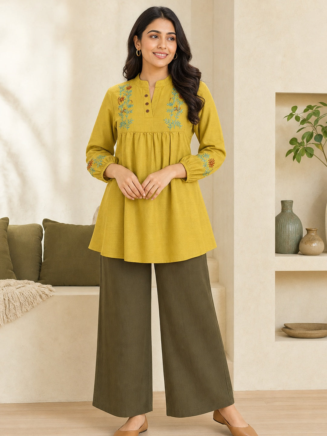 Mustard Viscose Blend Embroidered Co-ord Set - Image 1