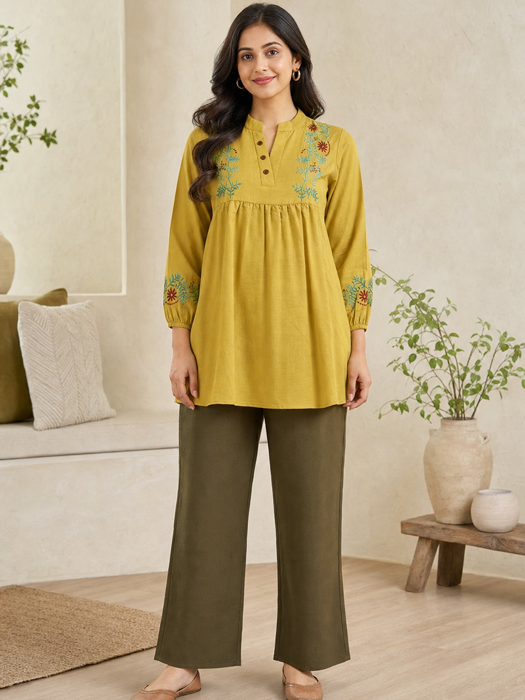 Mustard Viscose Blend Embroidered Co-ord Set - Image 2