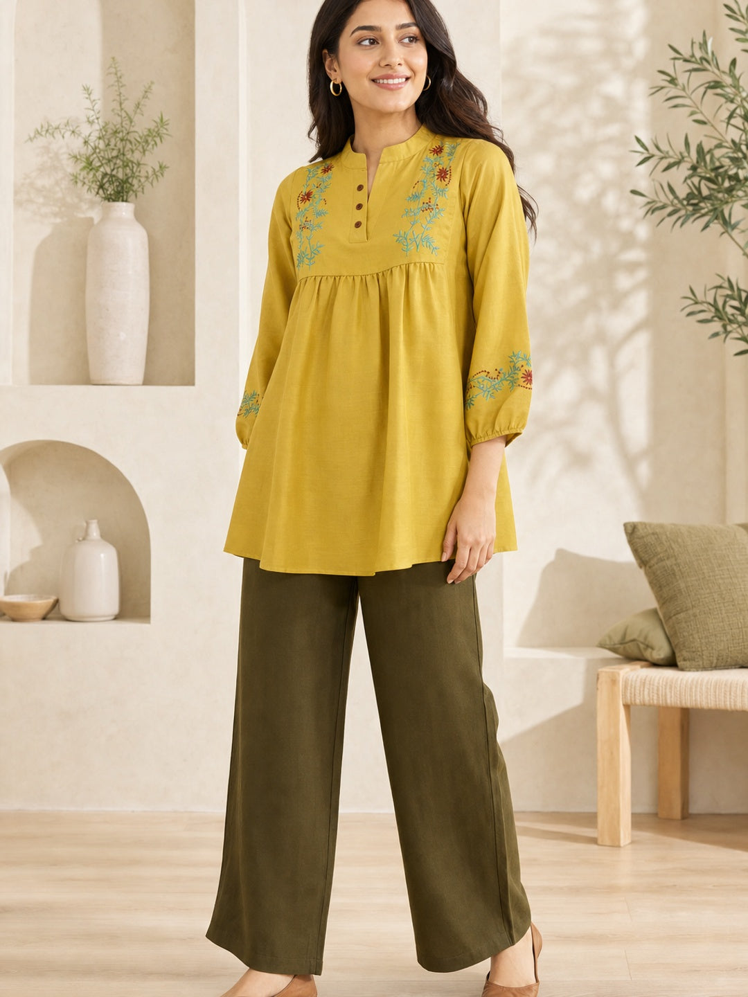 Mustard Viscose Blend Embroidered Co-ord Set - Image 3