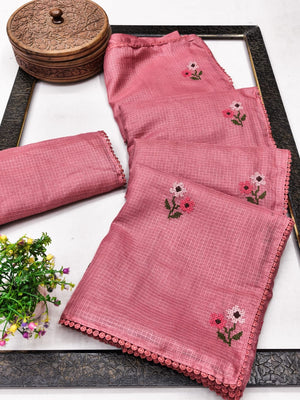 Peachmode Pink Kota Check Saree with Floral Embroidery - Image 2