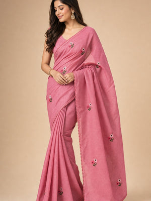 Peachmode Pink Kota Check Saree with Floral Embroidery - Image 1