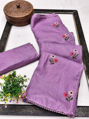 Peachmode Purple Kota Check Saree with Floral Embroidery - Image 2