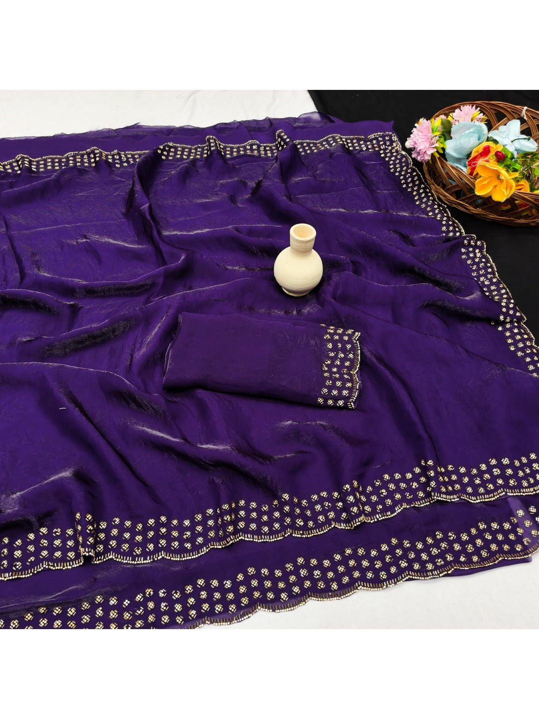 Peachmode Purple Fandy Satin Saree with Scalloped Cutwork Border - Image 2