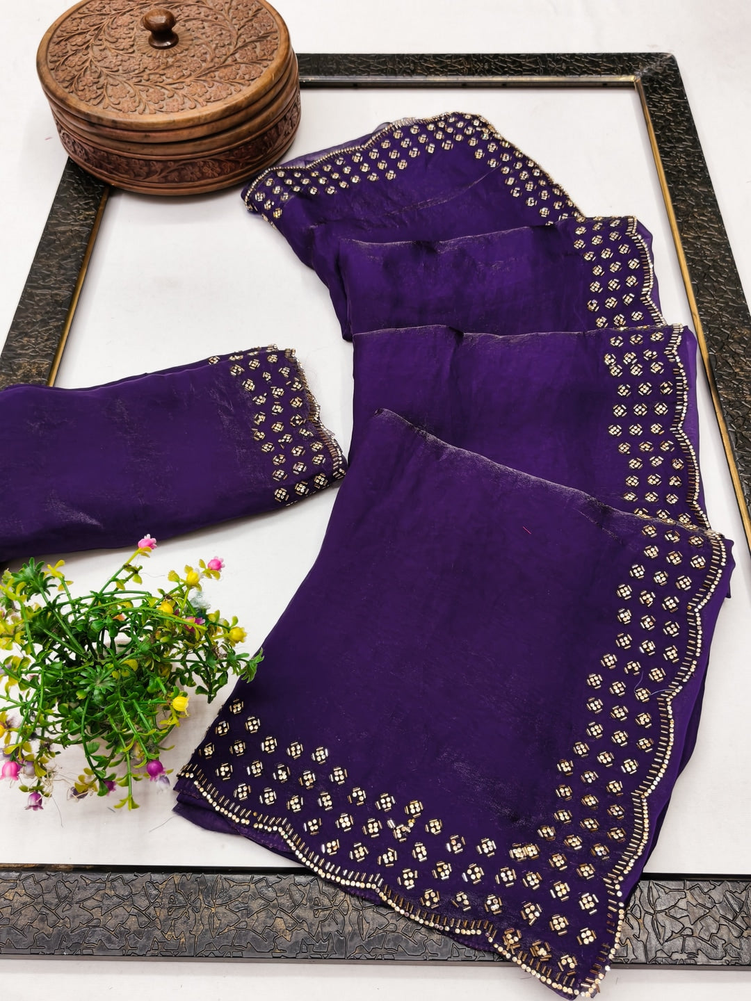 Peachmode Purple Fandy Satin Saree with Scalloped Cutwork Border - Image 3