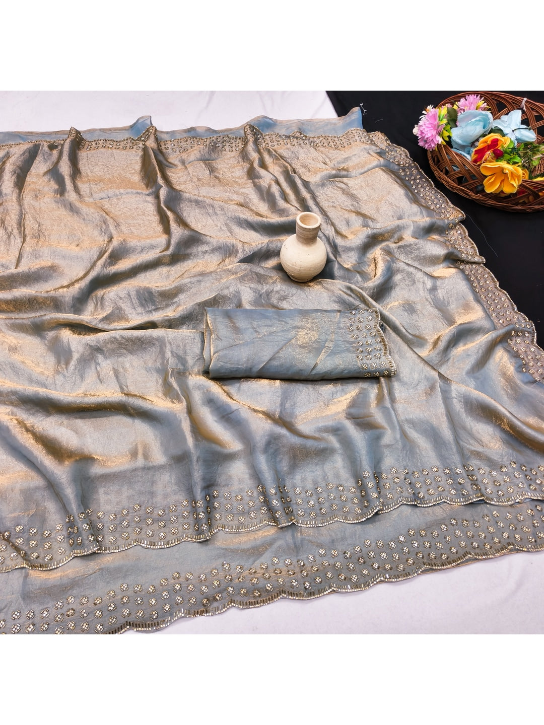 Peachmode Grey Fandy Satin Saree with Scalloped Cutwork Border - Image 2