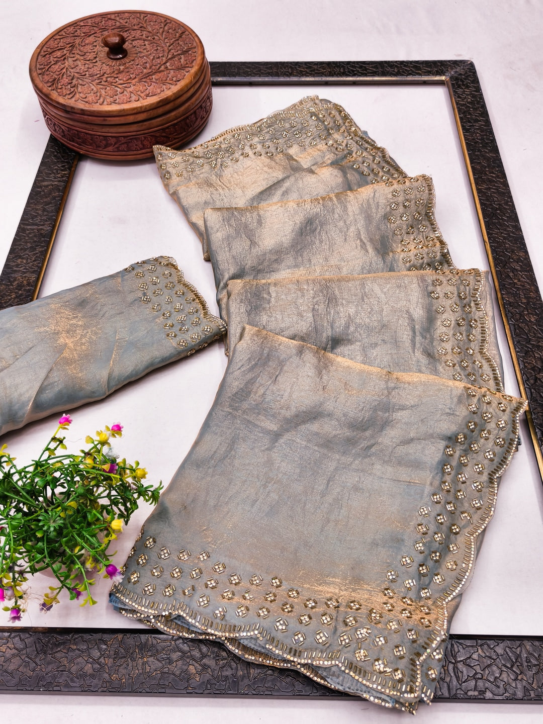Peachmode Grey Fandy Satin Saree with Scalloped Cutwork Border - Image 3