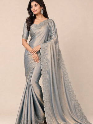 Peachmode Grey Fandy Satin Saree with Scalloped Cutwork Border - Image 1