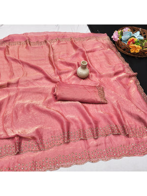 Peachmode Peach Fandy Satin Saree with Scalloped Cutwork Border - Image 2