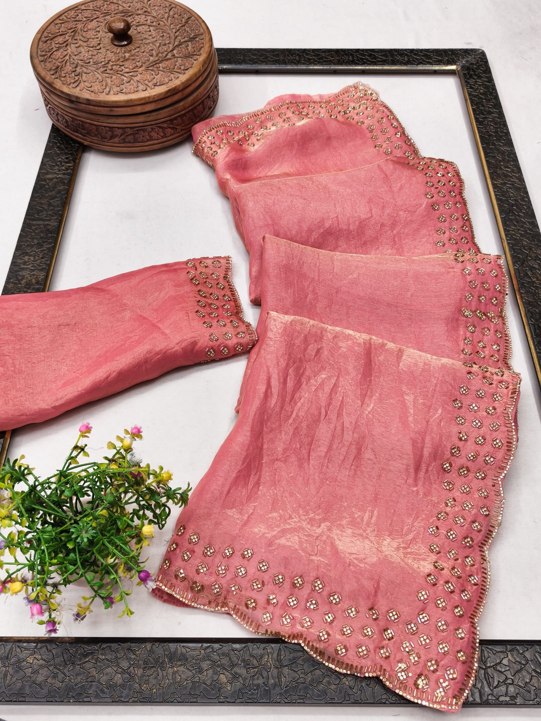 Peachmode Peach Fandy Satin Saree with Scalloped Cutwork Border - Image 3